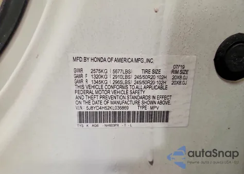 2019 Acura Mdx Technology z USA, uszkodzony, nr VIN 5J8YD4H52KL036869